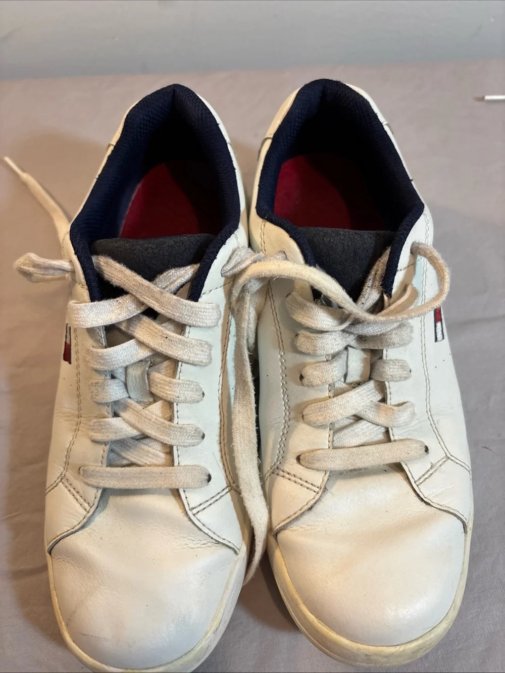 Tommy Hilfiger Women’s White Leather Sneakers with Navy Lining and Flag Accent